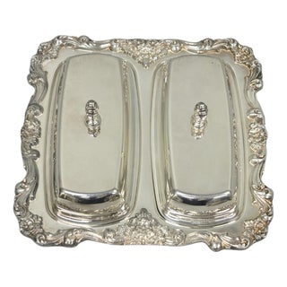 Vintage Poole Lancaster Rose Victorian Silver Plated Twin Double Butter Dish For Sale