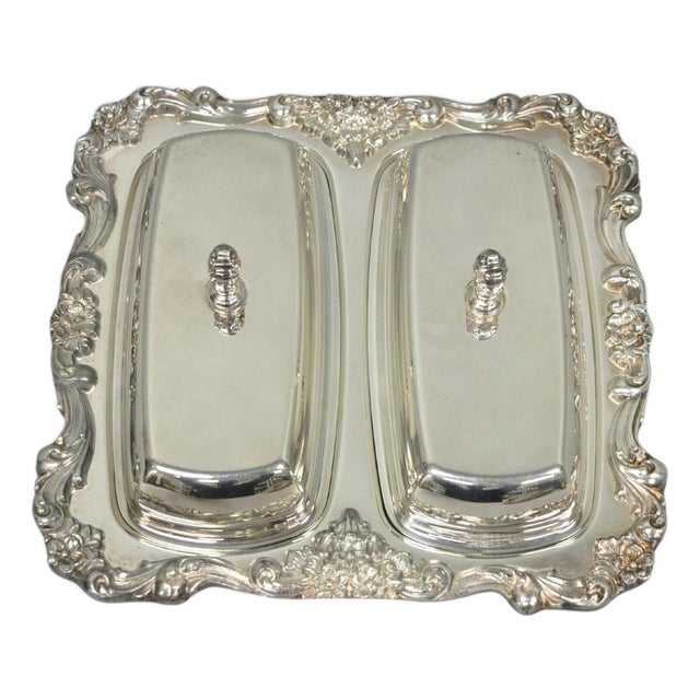Vintage Poole Lancaster Rose Victorian Silver Plated Twin Double Butter Dish For Sale