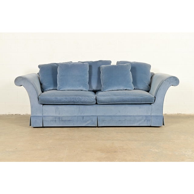 Baker Furniture Blue Velvet Upholstered Roll Arm Sofa For Sale - Image 13 of 13