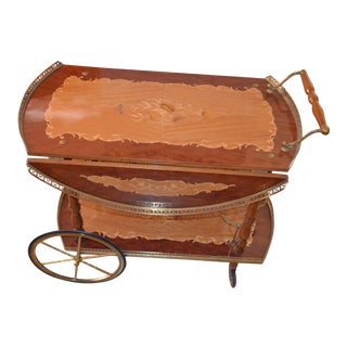 Vintage Italian Marquetry Inlaid Drop Leaf Bar Cart For Sale
