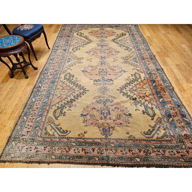 Textile Vintage Turkish Oushak Rug, Hand-Knotted Wool, Pale Yellow, 1900s, 7' x 12' For Sale - Image 7 of 18