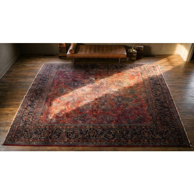 1920s Red Floral Antique Persian Sarouk Carpet 13' 8" X 14' Knotted Wool Rug For Sale - Image 12 of 14