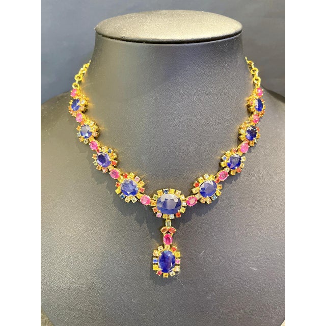 Bochic “Capri” Blue, Multi Sapphire & Ruby Necklace Set 18K Gold & Silver For Sale - Image 6 of 11