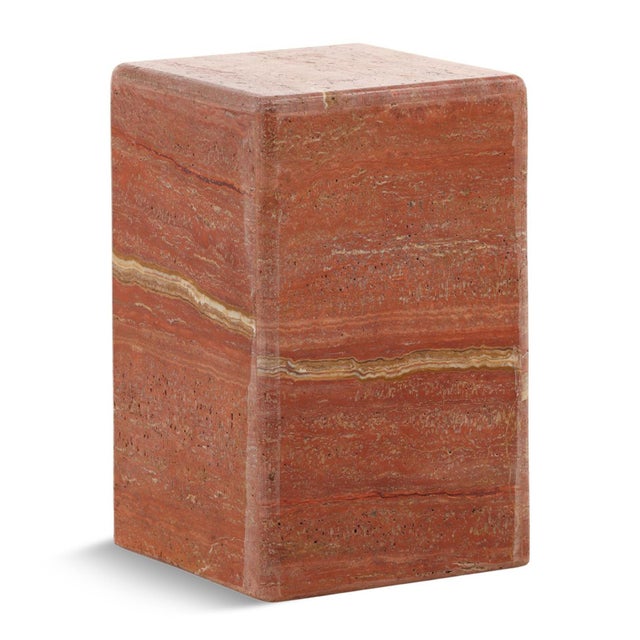 Striking unique red travertine stone block side table. Each will vary in exact coloring, grain, and textures. Weighs...