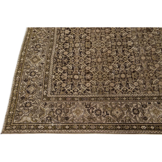 1900s Antique Persian Malayer Brown Handmade Wool Rug With Allover Pattern For Sale - Image 4 of 8