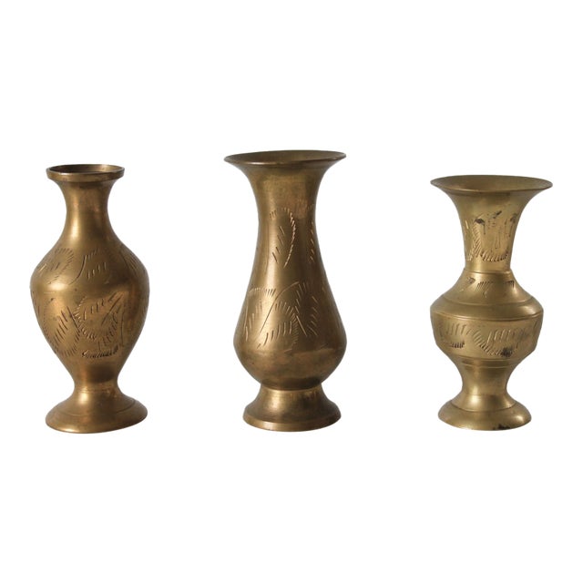 Vintage Etched Brass Bud Vases S/3 For Sale
