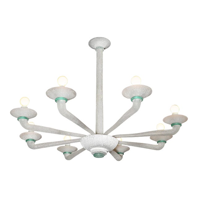 Mid-Century 8-Arm Handblown White & Jade Murano Scavo Glass Chandelier by Seguso For Sale