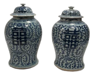 Antique Chinese Blue and White Lidded Wedding Jars -a Pair