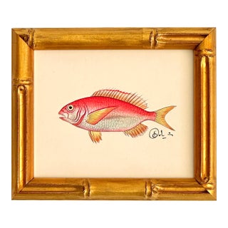 Original Hand-Painted Pink Fish Painting, Framed For Sale