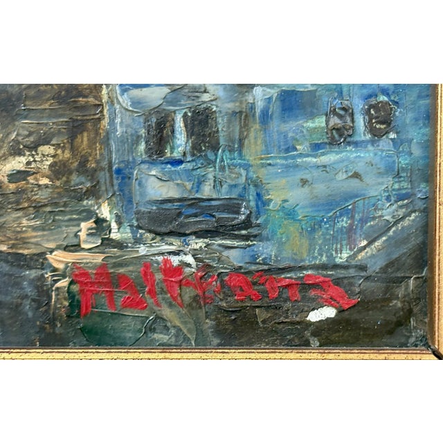 Blue Original Signed Industrial Cityscape Painting on Board C1976 For Sale - Image 8 of 12