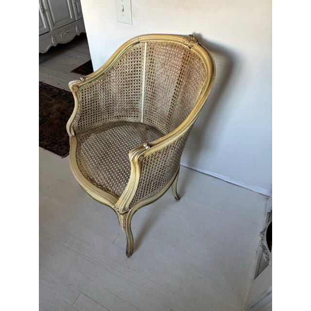 Vintage French Louis XV Style Carved Cane Barrel Back Armchair For Sale - Image 9 of 11