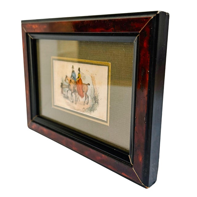 French Antique Hand-Colored Equestrian Miniature Color Etchings in Faux Tortoiseshell Frames - Set of 5 For Sale - Image 14 of 18