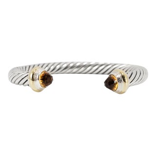 David Yurman Classic Cable 7mm 14k Gold 925 Silver Citrine Bangle Cuff Bracelet For Sale