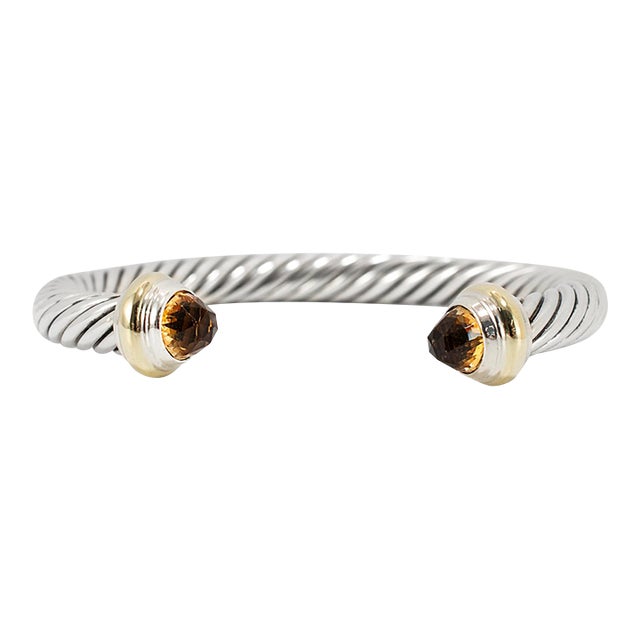 David Yurman Classic Cable 7mm 14k Gold 925 Silver Citrine Bangle Cuff Bracelet For Sale