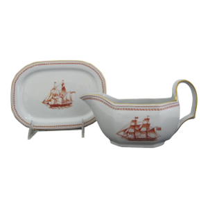 Spode Copeland Red Gold Trim Ships Trade Winds Sauce Gravy Boat W/Underplate