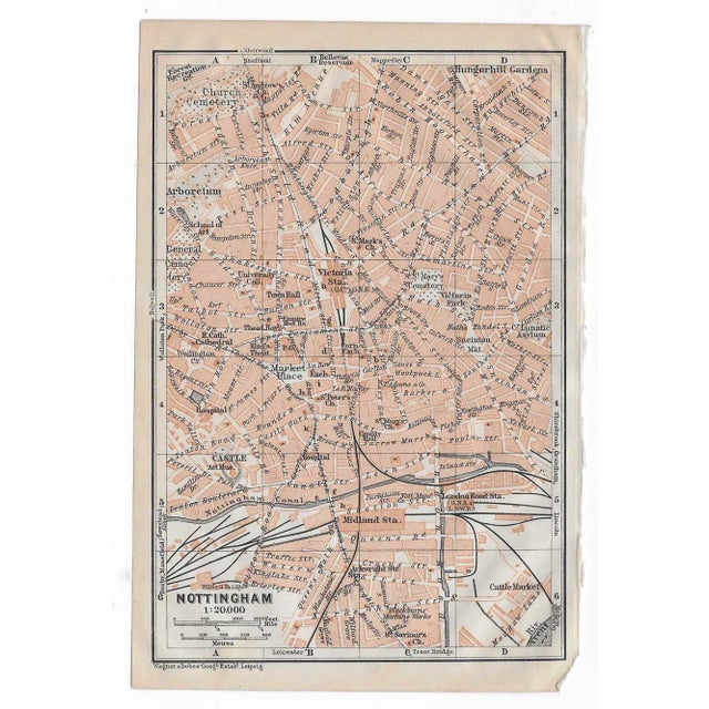 1910 map of the city of Nottingham, United Kingdom from a British travel atlas.
