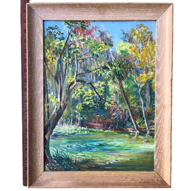 Vintage Florida Spring Landscape Painting in the Highwaymen Style in Pickled Cerused Wood Frame, Mid-20th Century For Sale In Jacksonville, FL - Image 6 of 9