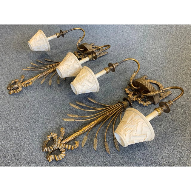 Shabby Chic Vintage Large La Barge Hollywood Regency Style Brass 2-Light Wall Sconces - A Pair For Sale - Image 3 of 11