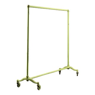Vintage Industrial Rolling Cast Iron Pipe-Frame Garment Rack in Green For Sale
