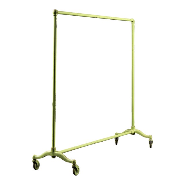 Vintage Industrial Rolling Cast Iron Pipe-Frame Garment Rack in Green For Sale