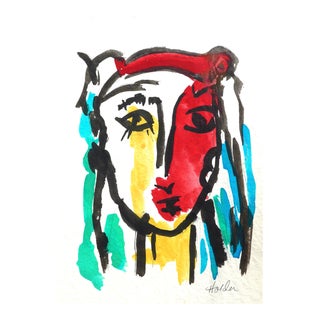 Cubist Face Contemporary Watercolor on Paper For Sale