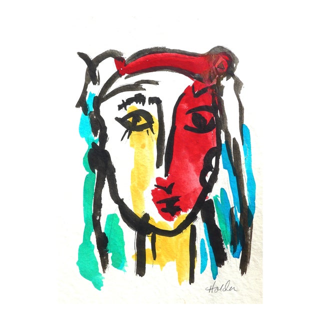 Cubist Face Contemporary Watercolor on Paper For Sale