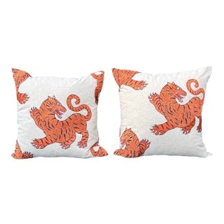 Tiger Motif Linen Decorative Pillows, Square 22" X 22", Brand New, a Pair For Sale