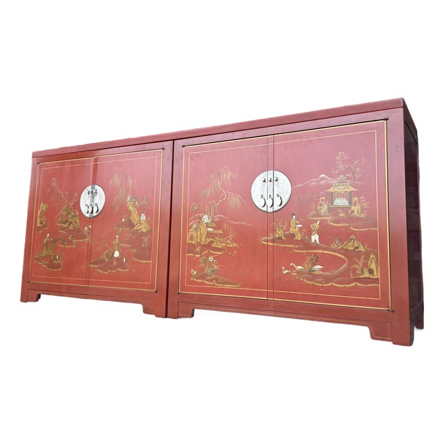 Baker Chinoiserie Mid Century Red Lacquer Buffet For Sale