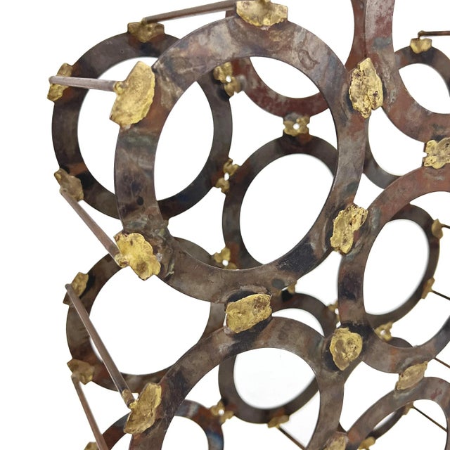Bronze Vintage 1960s Handmade Brutalist Welded Geometric Circle 9-Bottle Wine Rack Holder For Sale - Image 8 of 8