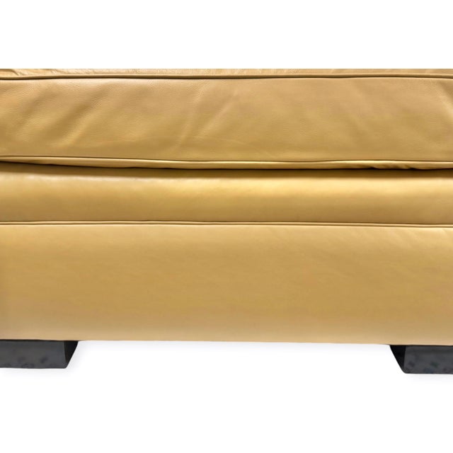 Contemporary Custom Camel Leather Ottoman With Dark Wood Block Feet by Danny Cannon Custom Upholstery For Sale - Image 3 of 5
