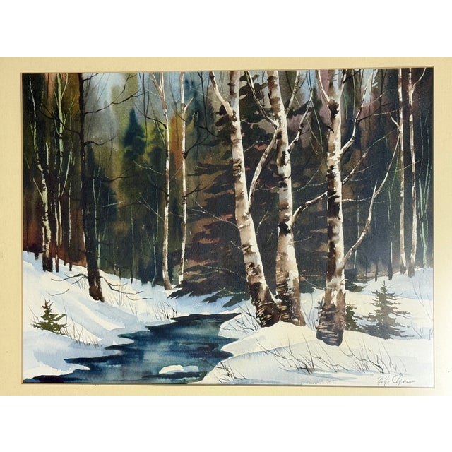 Nice and Pleasant Watercolor painting of a Stream and Snow scene Forrest