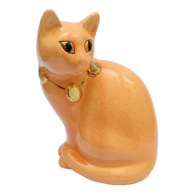 Salmon Pink Ceramic Cat with Cabochon Necklace from Longwy, 1950s For Sale