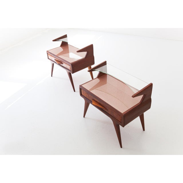 Wood Italian Bedside Tables with Glass Tops, 1950s, Set of 2 For Sale - Image 7 of 9