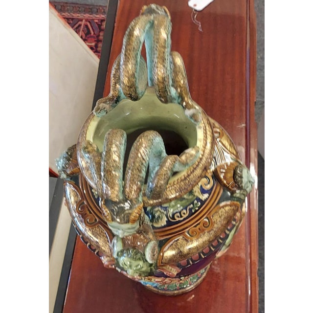 Ceramic Antique Late 19th Century Italian Tall Majolica Vase With Serpentine Handles For Sale - Image 7 of 10
