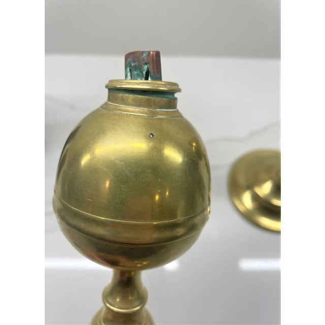 American Pair of 19th Century Brass Whale Oil Lamps, Double Tube Burner For Sale - Image 3 of 6