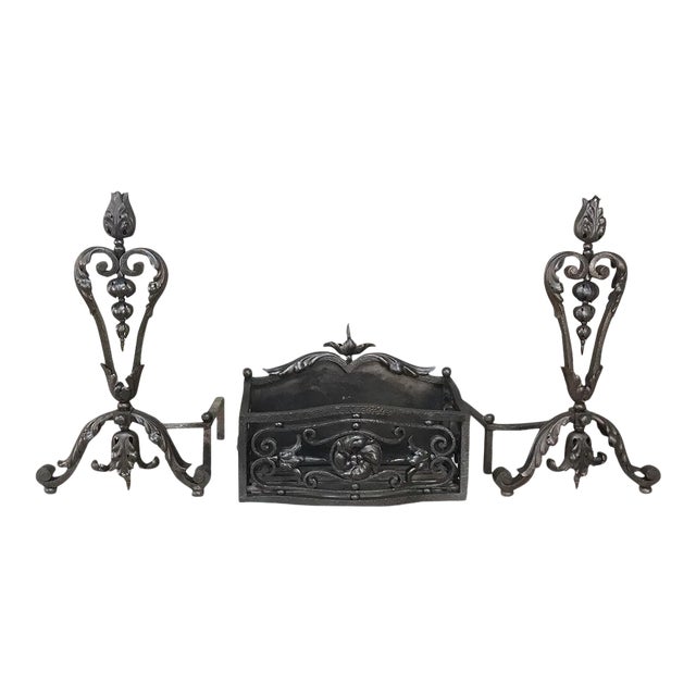 19th Century Wrought Iron Andiron & Firebox Set For Sale