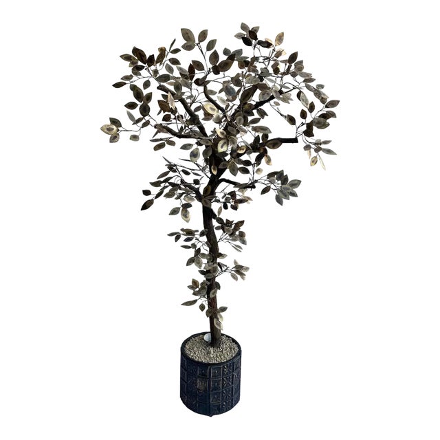 Brutalist Hammered Metal Tree Sculpture With Uplight, Curtis Jere, 1960's For Sale