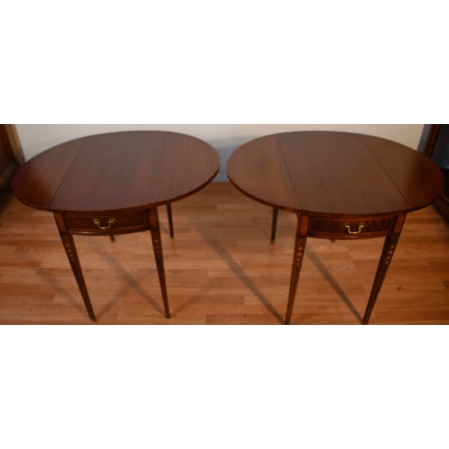 1970 Hickory Furniture English Sheraton Mahogany Inlaid Pembroke Side End Tables For Sale - Image 14 of 16