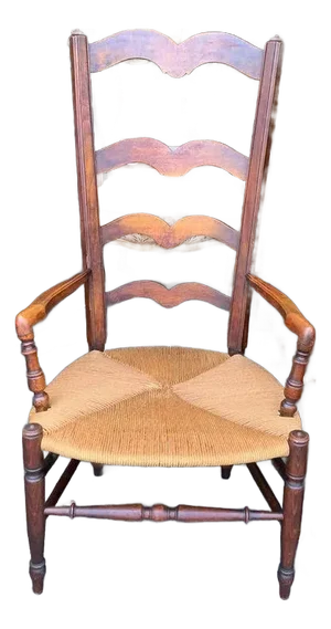 Early 20th Century Rustic French Country Style High Ladder Back Rush Seat Open Armchair