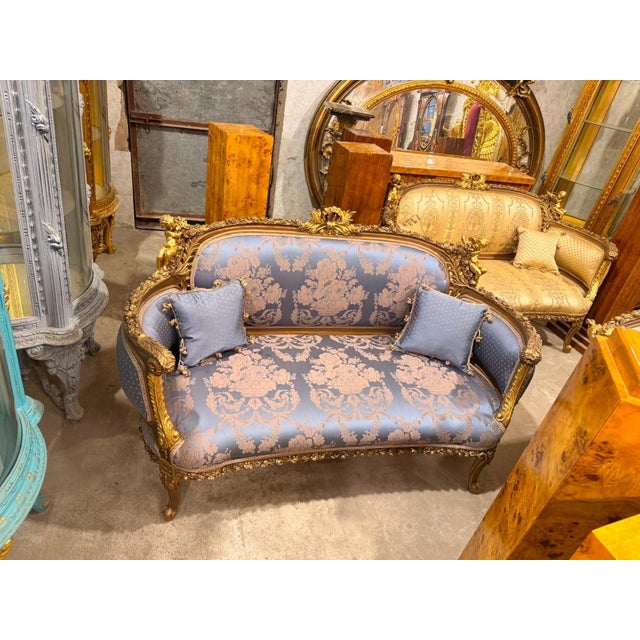 1960s Vintage Cherub Rococo Sette upholstery Blue Damask Canapa For Sale - Image 5 of 9