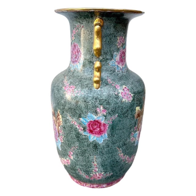 Late 20th Century Large Vintage Chinoiserie Green & Pink Rose Famille Peonies Porcelain Vase W/Double Ears For Sale - Image 5 of 6