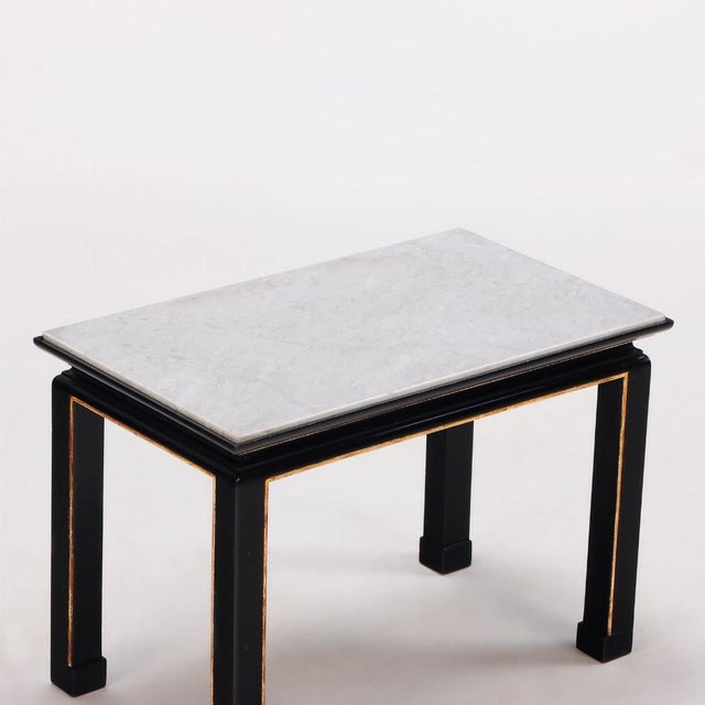 1950s A Pair of French Ebonized and Giltwood Marble Top End Tables C 1950 in the Manner of James Mont. For Sale - Image 5 of 6