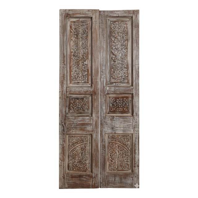 Antique Carved Wood Doors With Metal Accents – Vintage Hinged or Sliding Barn Door 80x36 For Sale