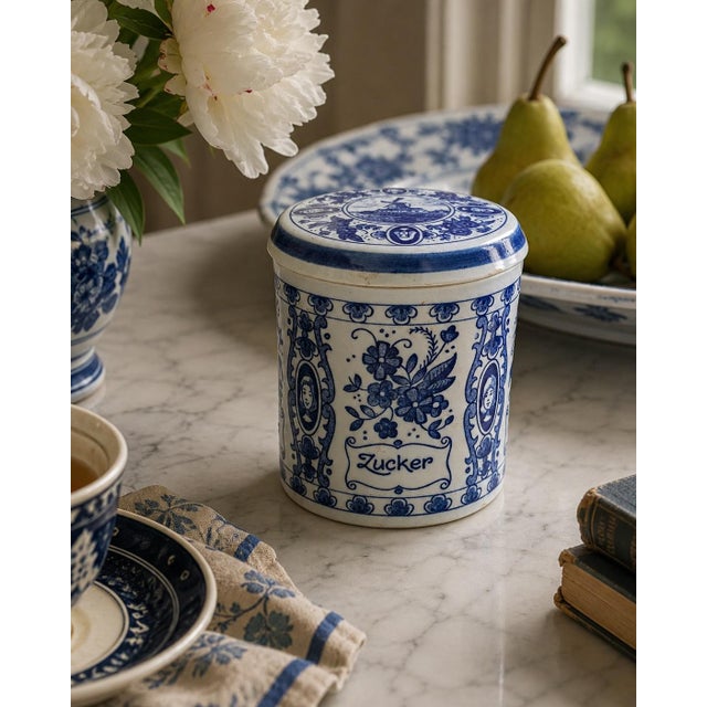 A charming mid-20th-century Dutch Delft covered sugar jar, decorated in classic cobalt blue on white with floral motifs,...