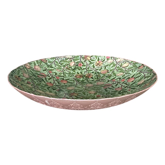 William Morris Pomegranate Pattern Art Nouveau Fruit Motif Glass Bowl, Large Centerpiece Tray, Studio Original Statement Piece15" For Sale