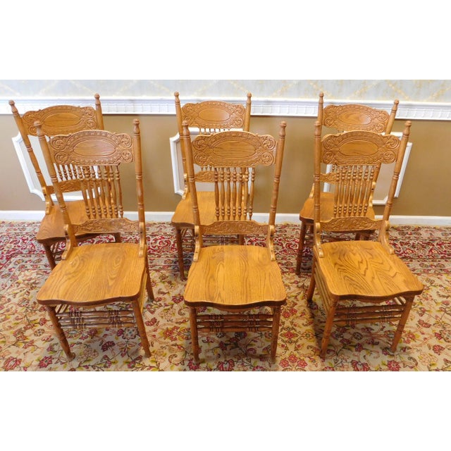 1990s Pressed Back Oak Spindle Kitchen Dining Room Chairs Set of 6