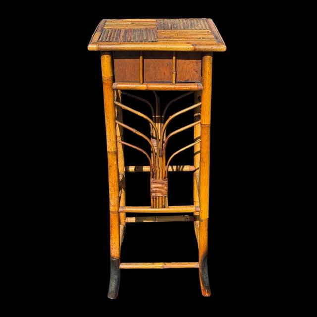 Vintage Burnt Bamboo Rattan Side Table W/ Drawer & Palm Frond Design For Sale In San Diego - Image 6 of 8