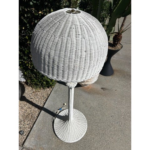 Vintage White Wicker Floor Lamp With Dome Shade For Sale - Image 4 of 14