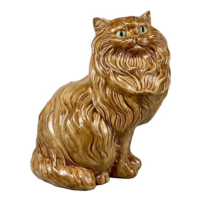 Mid-Century Large Porcelain Long-Haired Brown Cat Sculpture For Sale