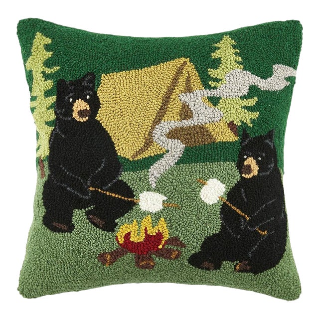 Campfire Bears Hook Pillow, 18" x 18" For Sale